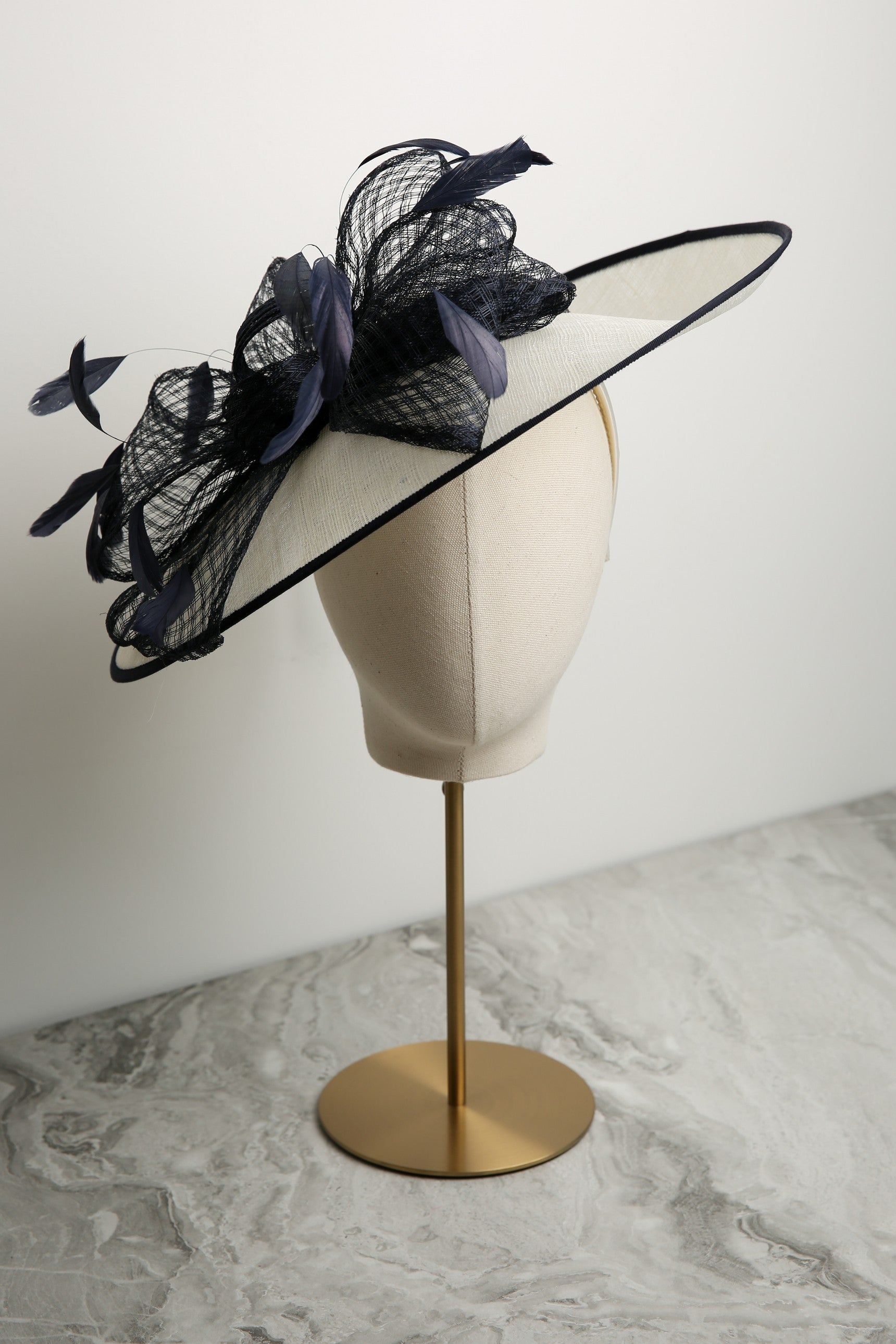 Condici Picture Perfect Fascinator with soft trim and feathers in Cream and Navy