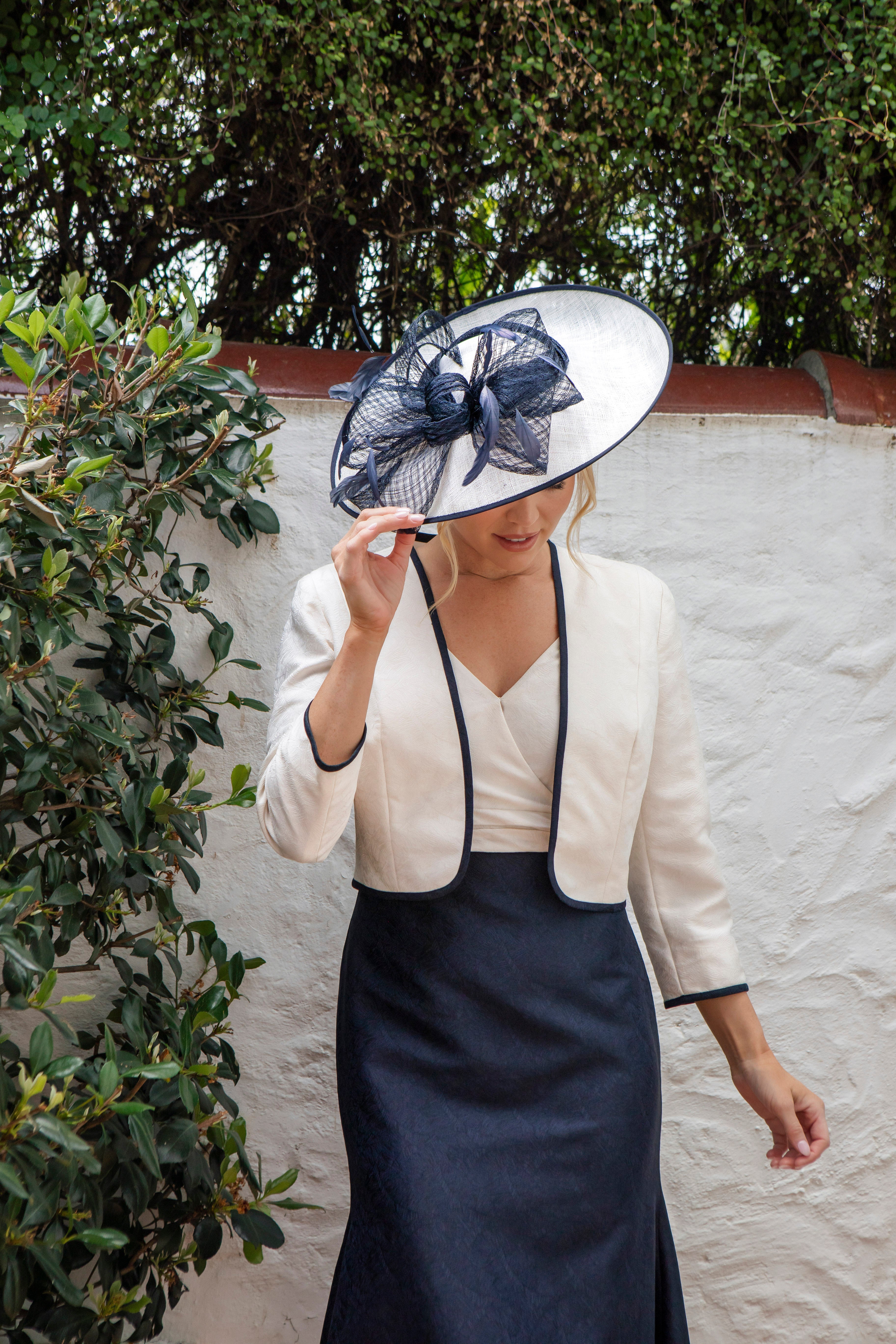 Condici Picture Perfect Fascinator with soft trim and feathers in Cream and Navy