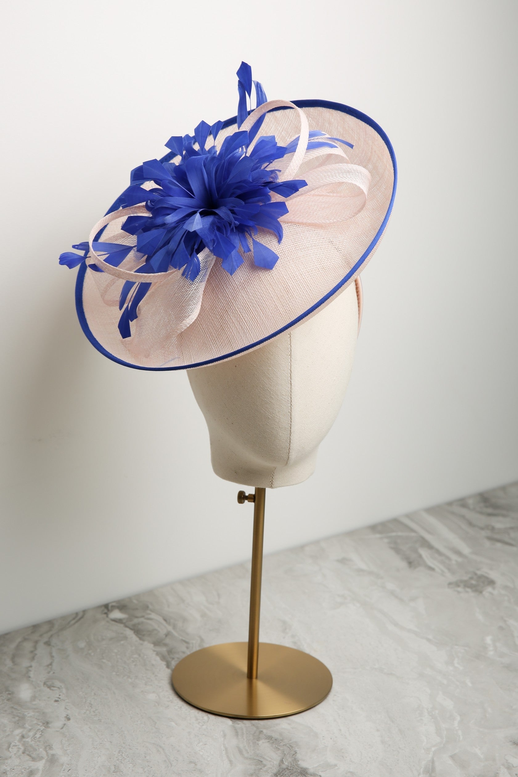 Condici Up-swept Disc Fascinator in Rosewater and Royal Blue