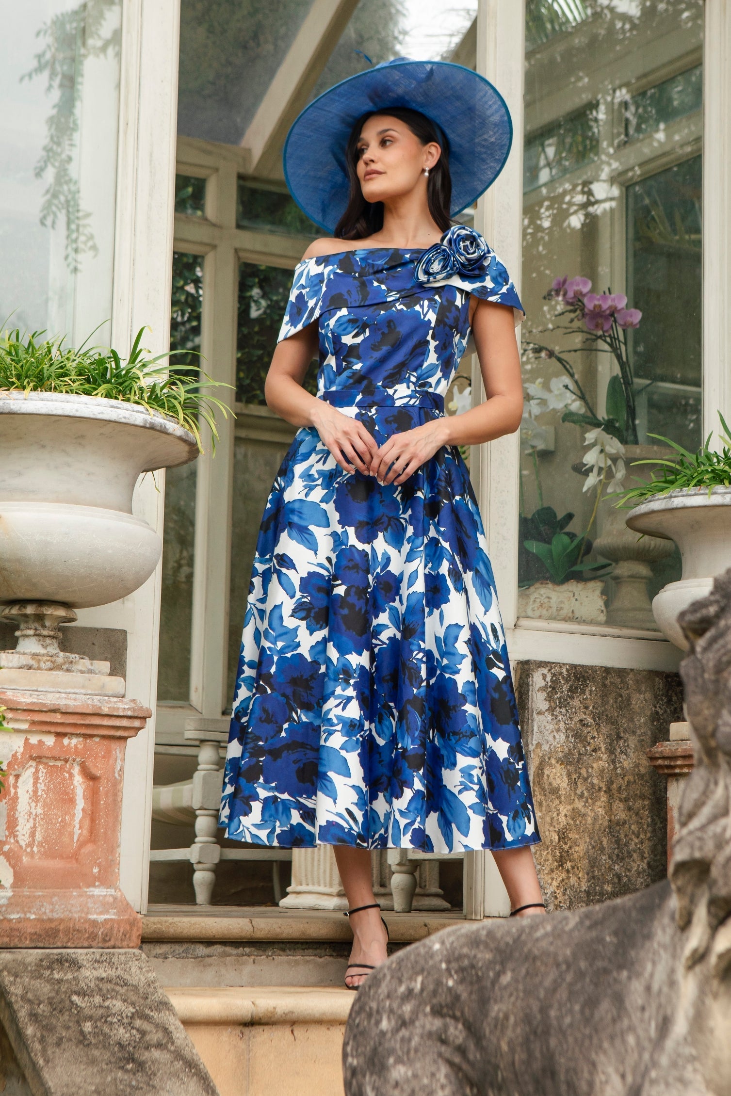 Ispirato ‘Bardot’ Style Dress in Cool Cotton Blue Capri Print