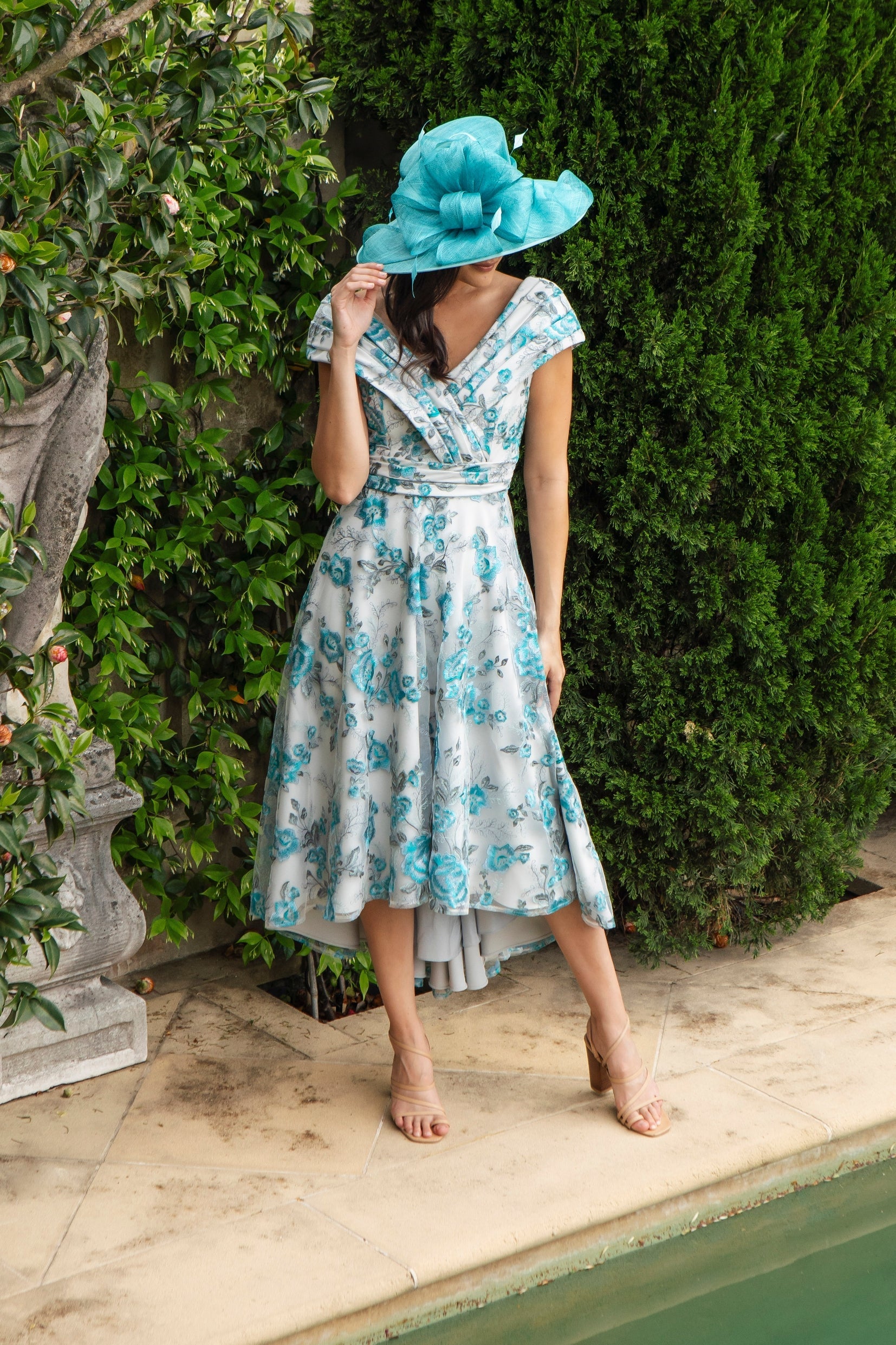 Ispirato Hibiscus Embroidered Dress with Pleated Body in Bluebird
