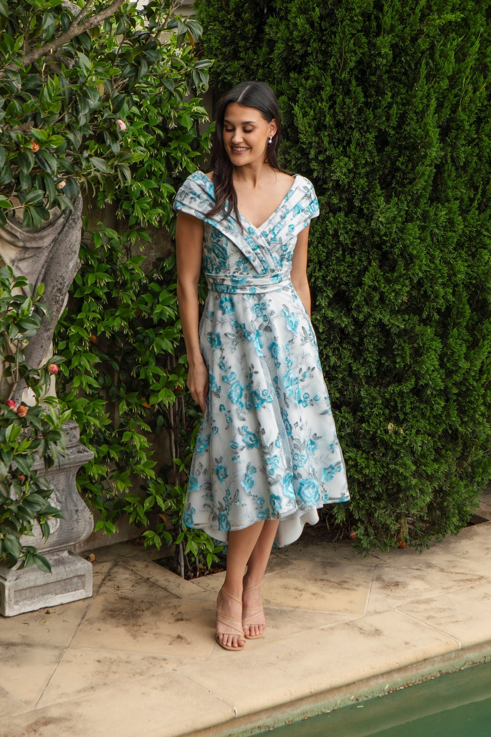 Ispirato Hibiscus Embroidered Dress with Pleated Body in Bluebird