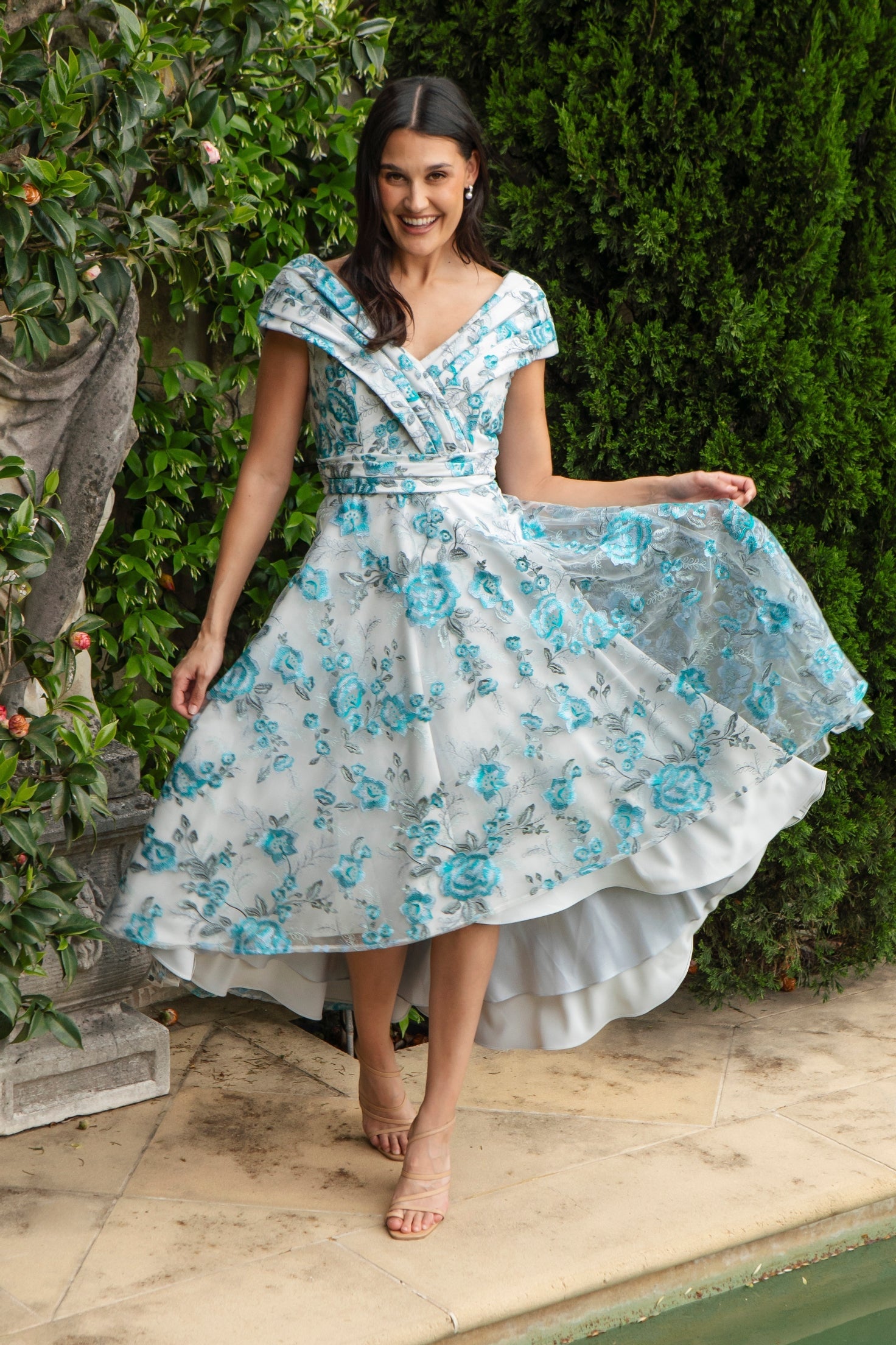 Ispirato Hibiscus Embroidered Dress with Pleated Body in Bluebird