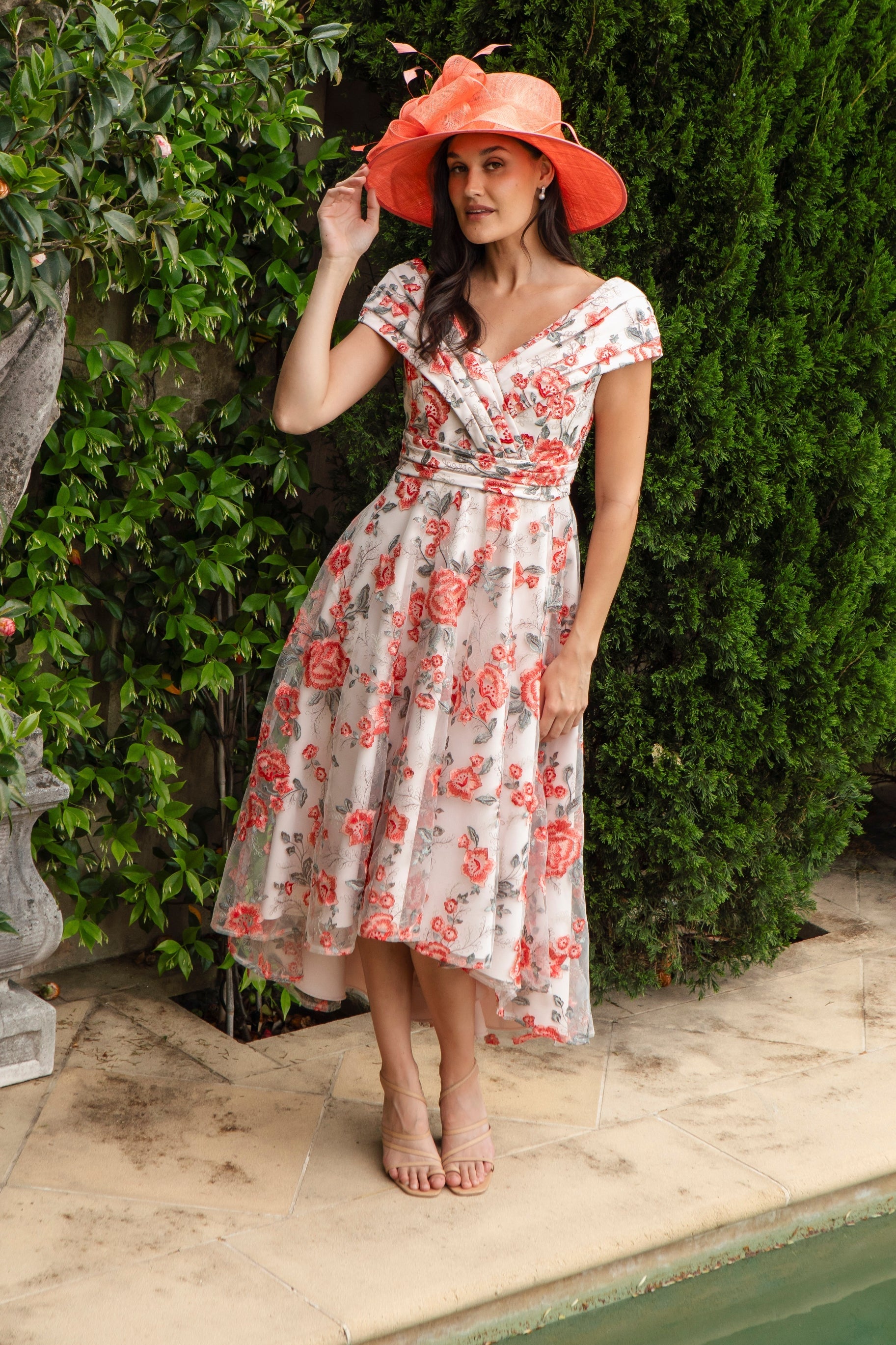 Ispirato Hibiscus Embroidered Dress with Pleated Body in Sunset