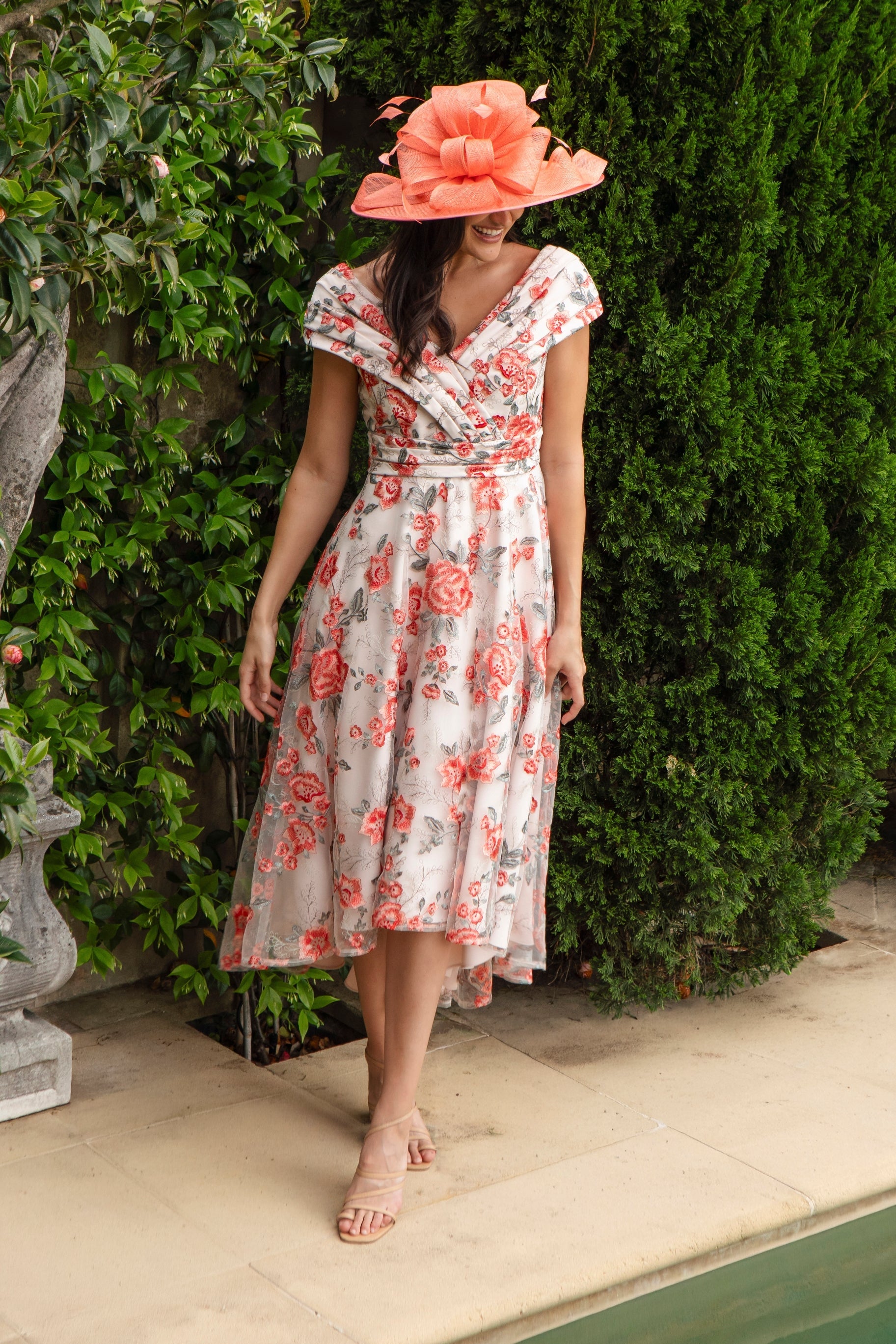 Ispirato Hibiscus Embroidered Dress with Pleated Body in Sunset