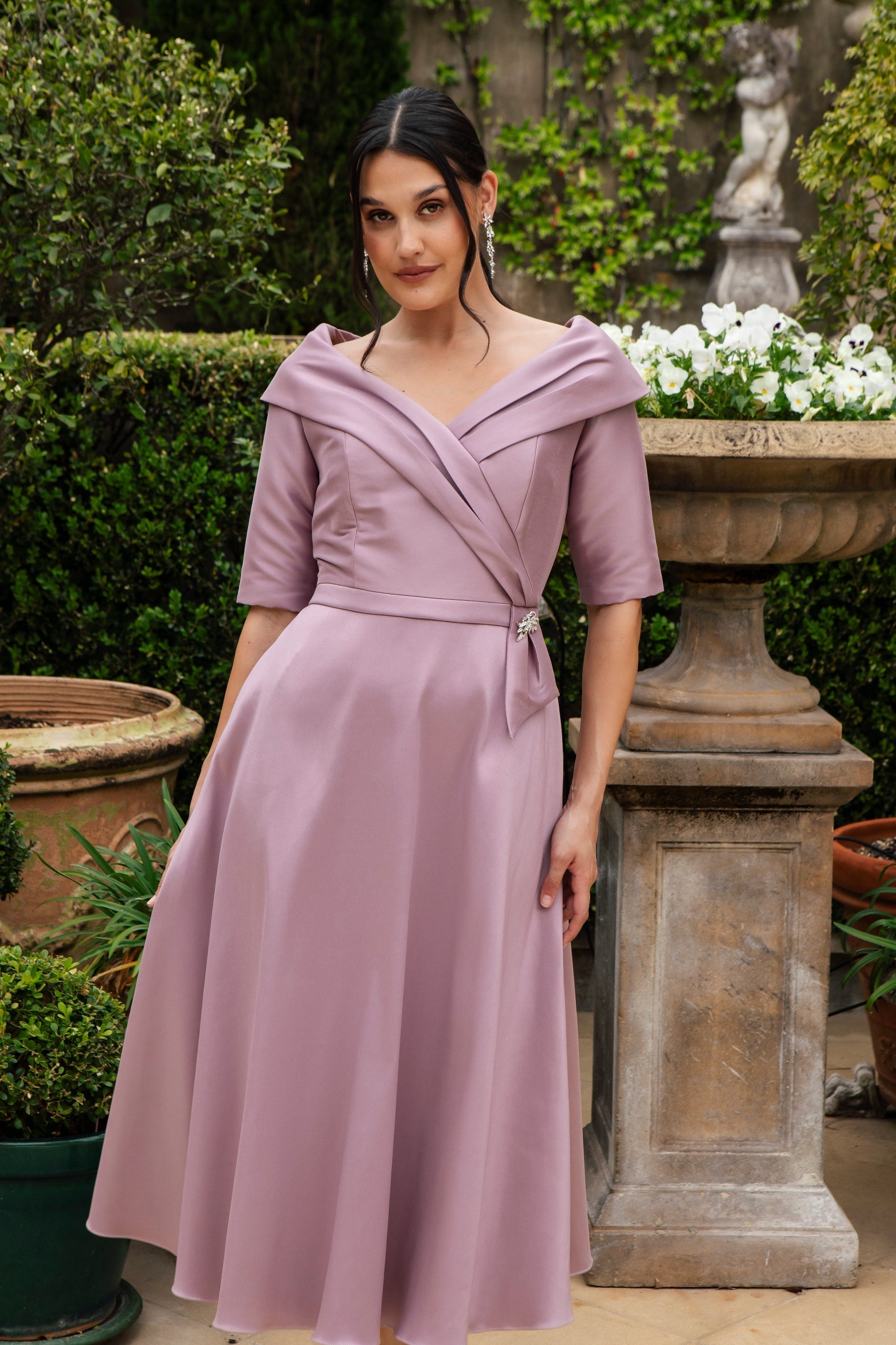 Ispirato Edge of the Shoulder Special Occasion Dress in Orchid Pink