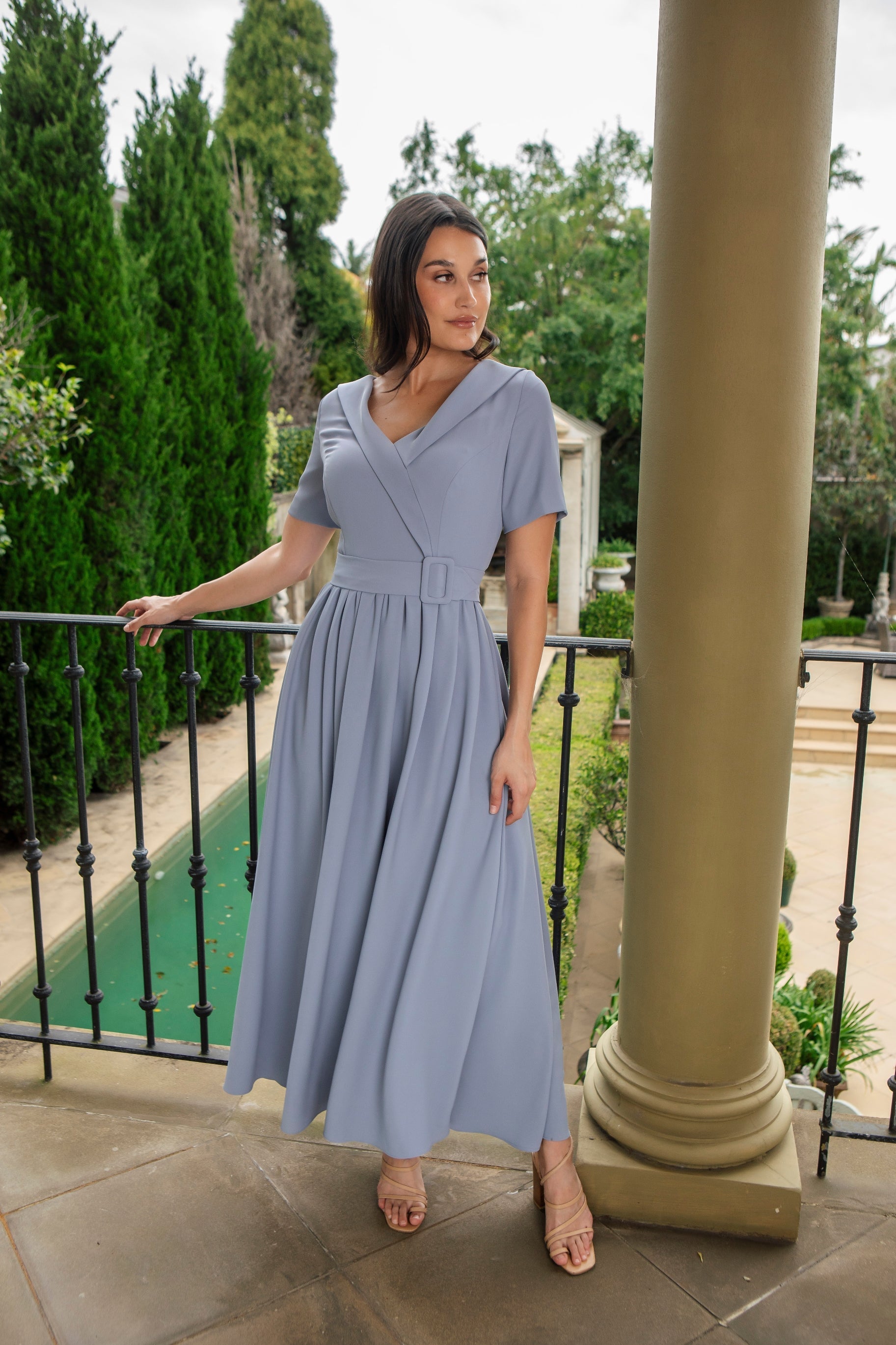Waist Cinching Dress with Sleeves by Ispirato in Misty Blue
