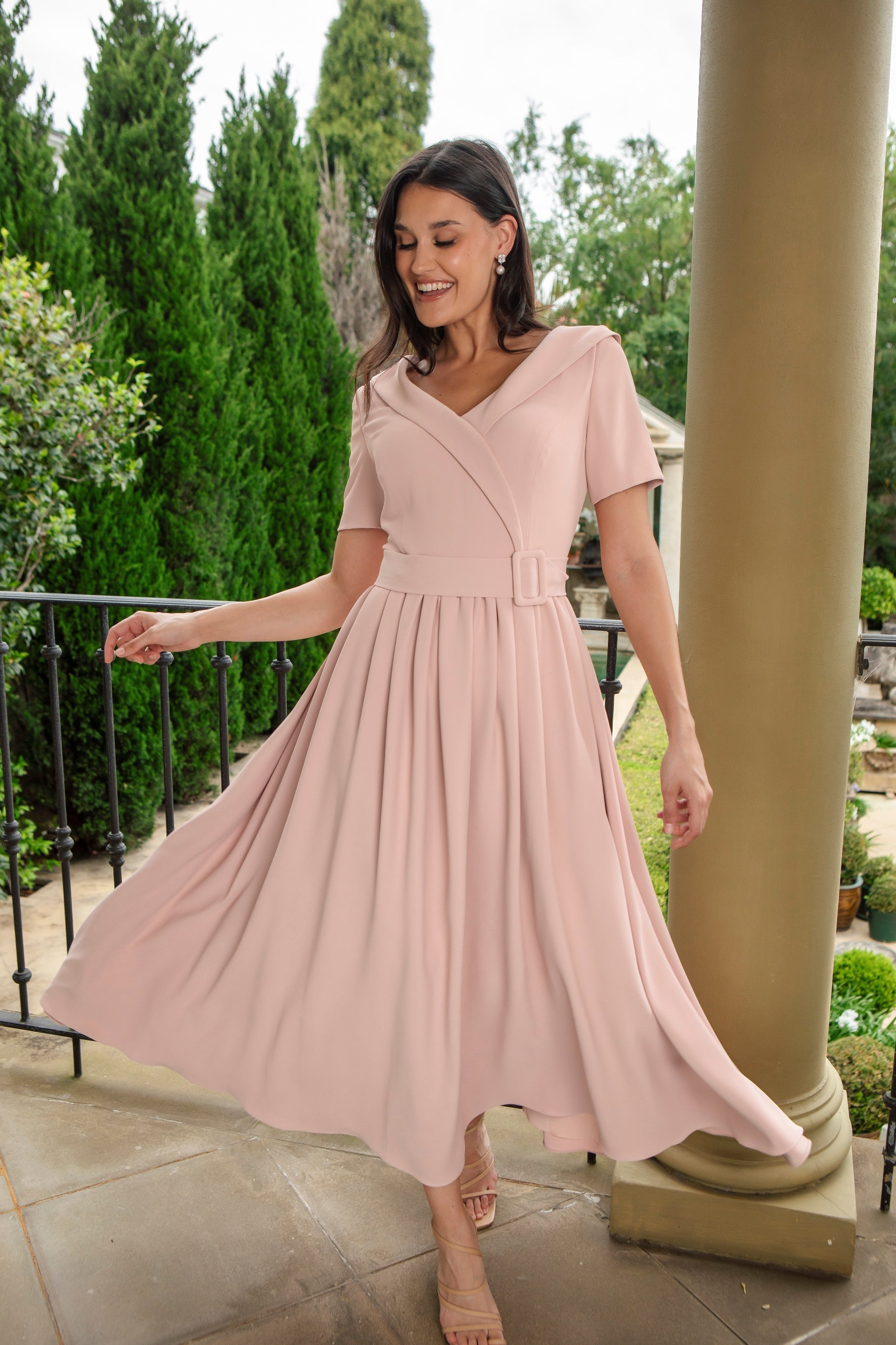 Waist Cinching Dress with Sleeves by Ispirato in Misty Rose Pink