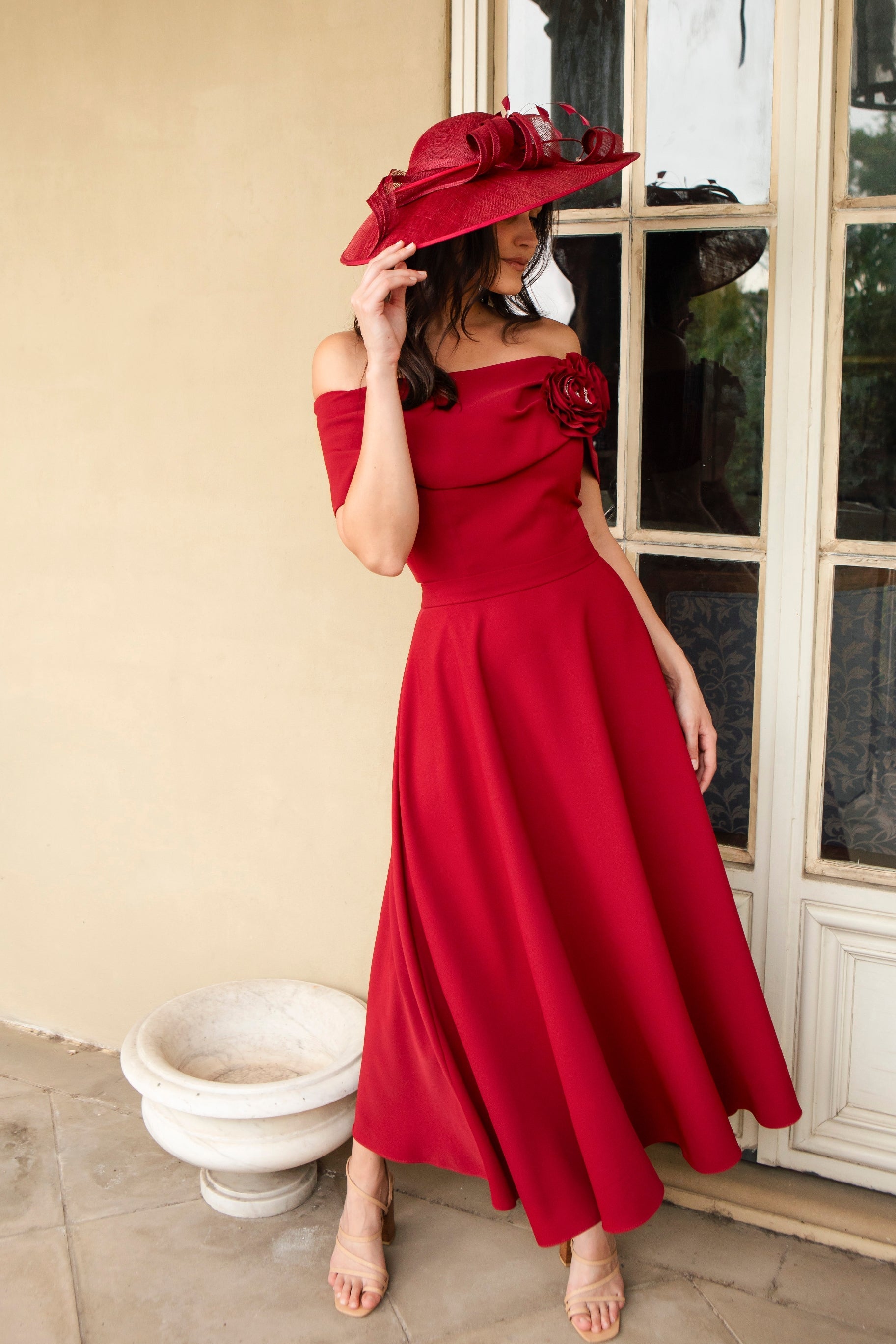Ispirato ‘Bardot’ Style Dress in Smooth Pomegranate Red Crepe