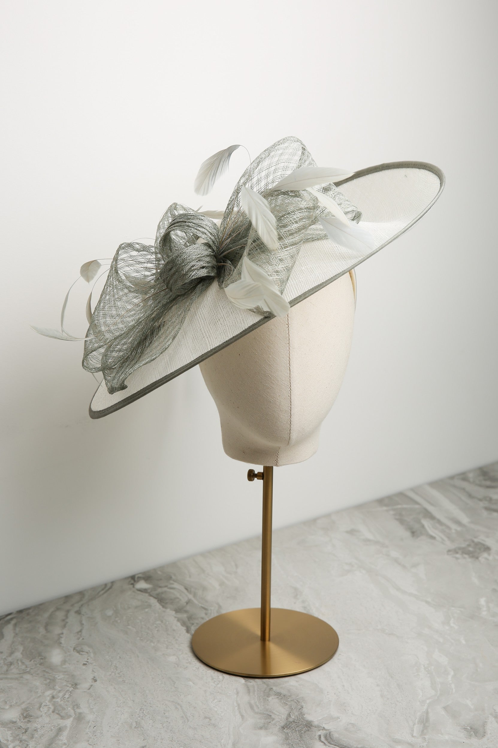 Condici Picture Perfect Fascinator with soft trim and feathers in Cream and Rosemary