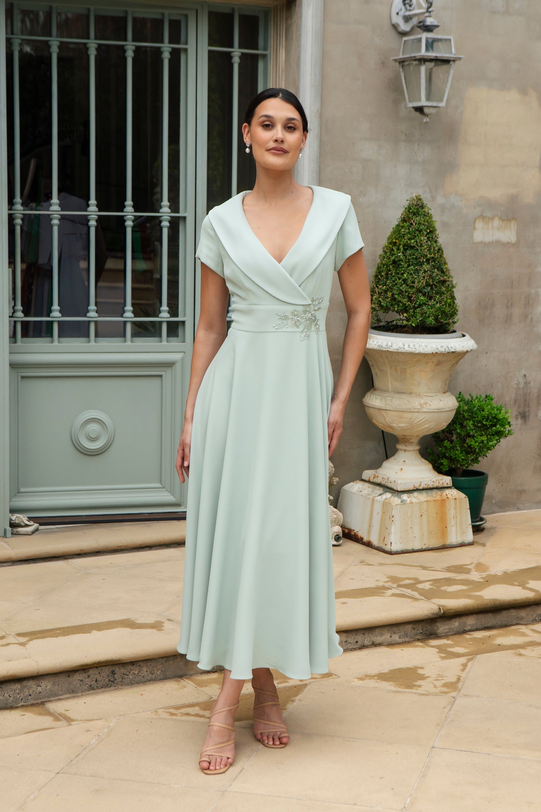Ispirato Softly Flared Dress with Sleeves in Meadow Mist Green