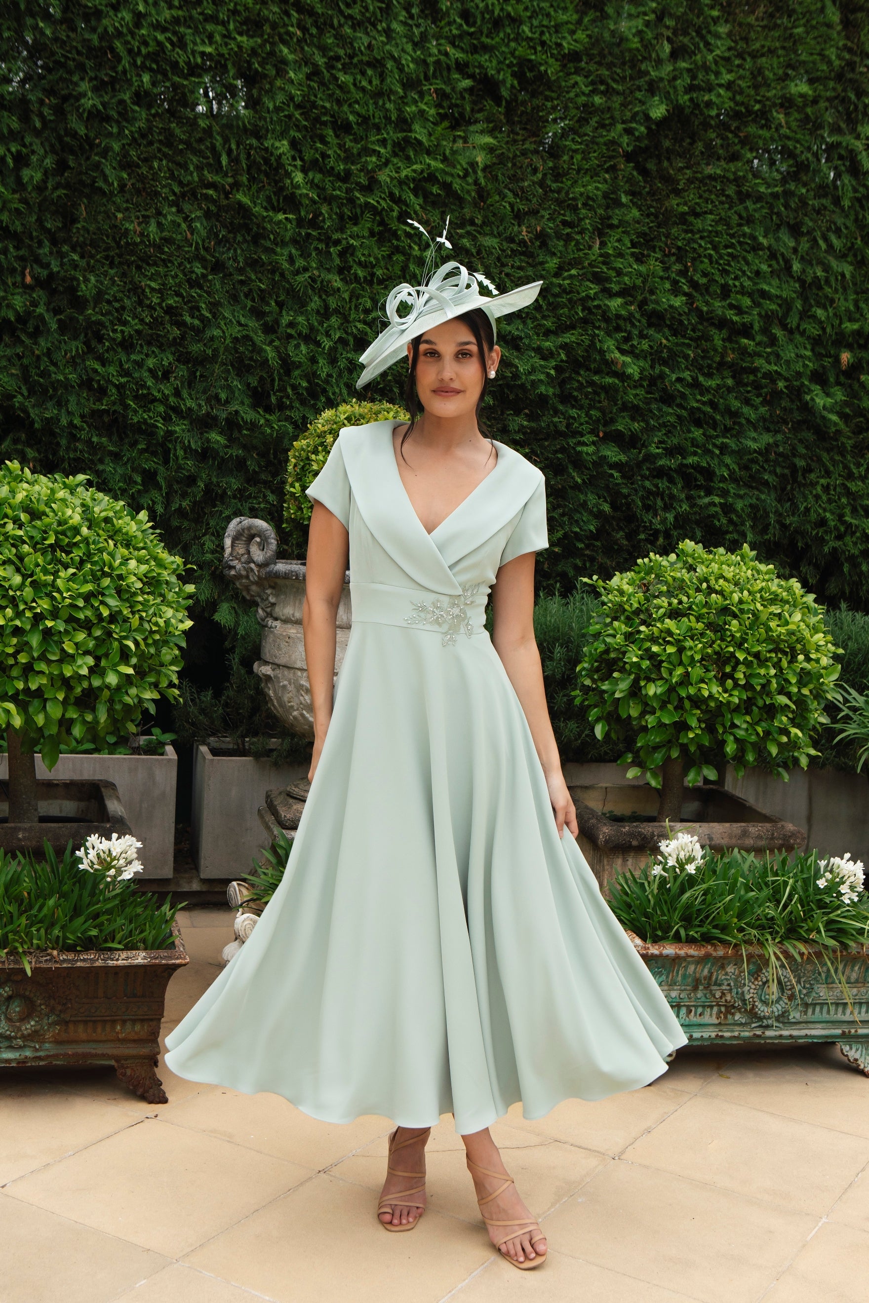 Ispirato Softly Flared Dress with Sleeves in Meadow Mist Green