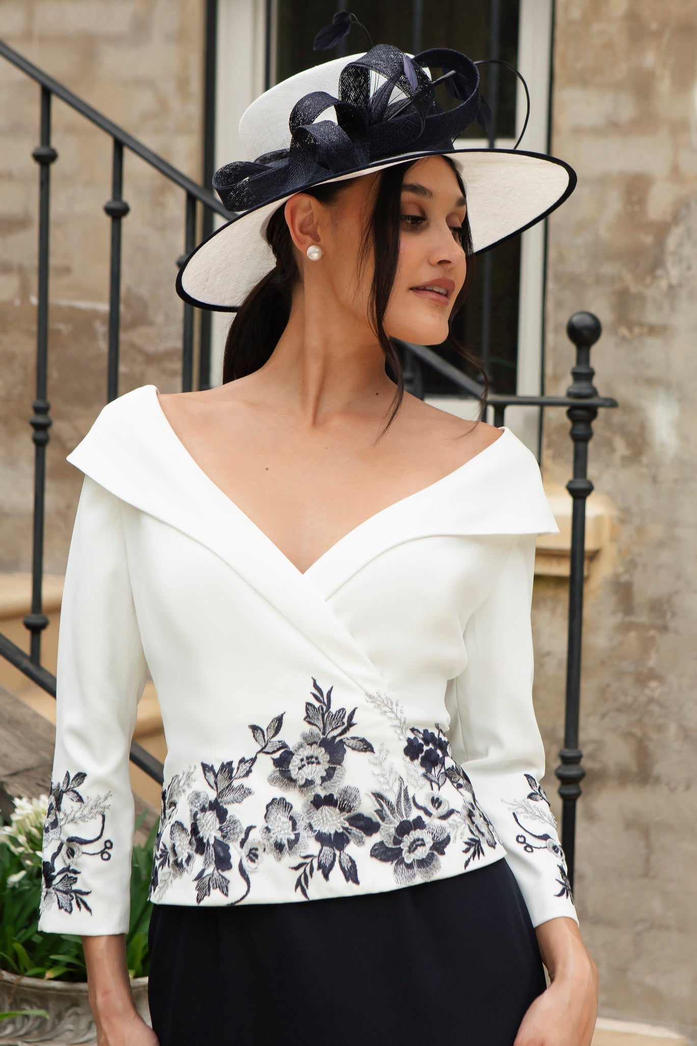 Ispirato Figure Flattering Suit Effect Dress with Luxury Embroidery in Cream & Navy Blue