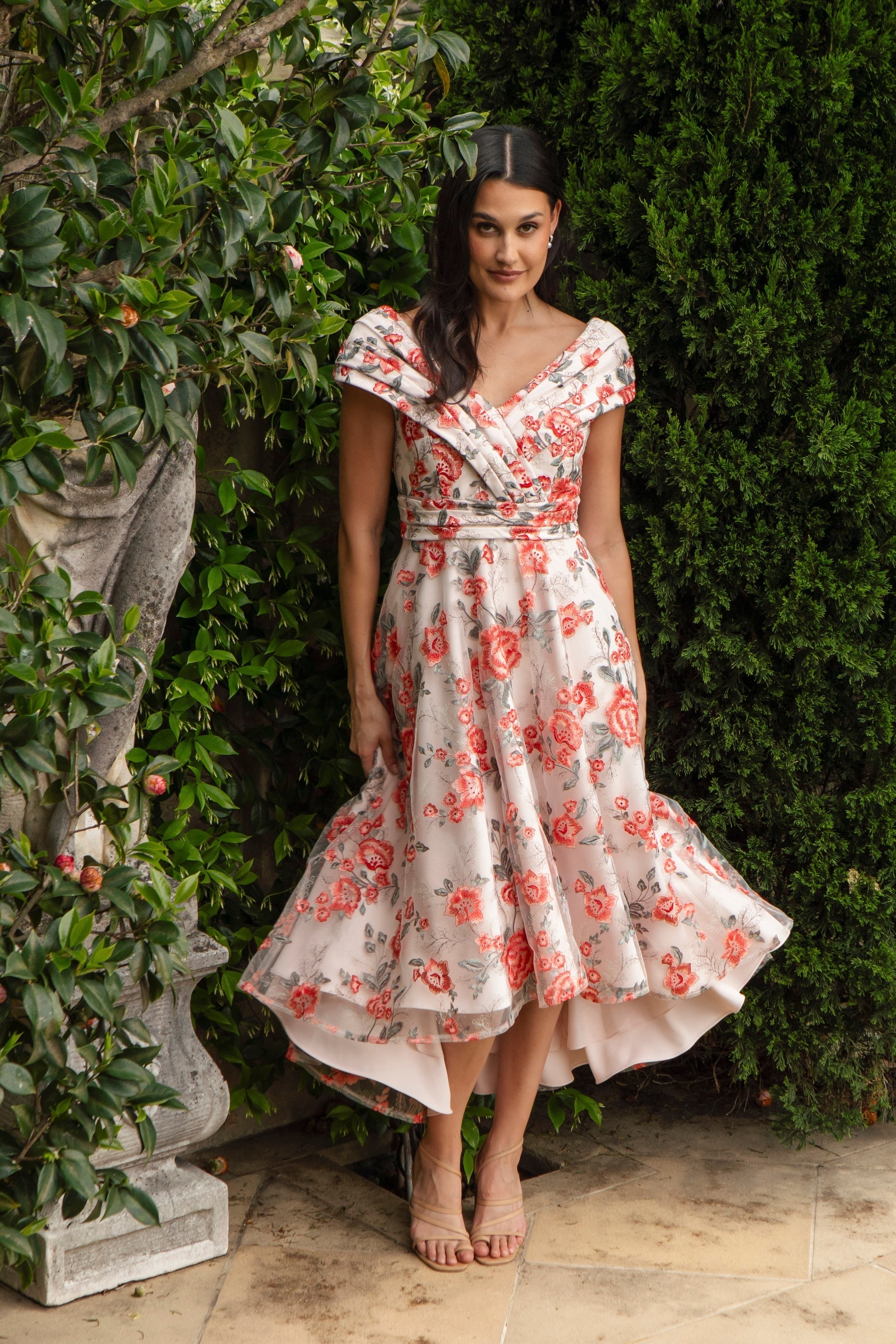 Ispirato Hibiscus Embroidered Dress with Pleated Body in Sunset