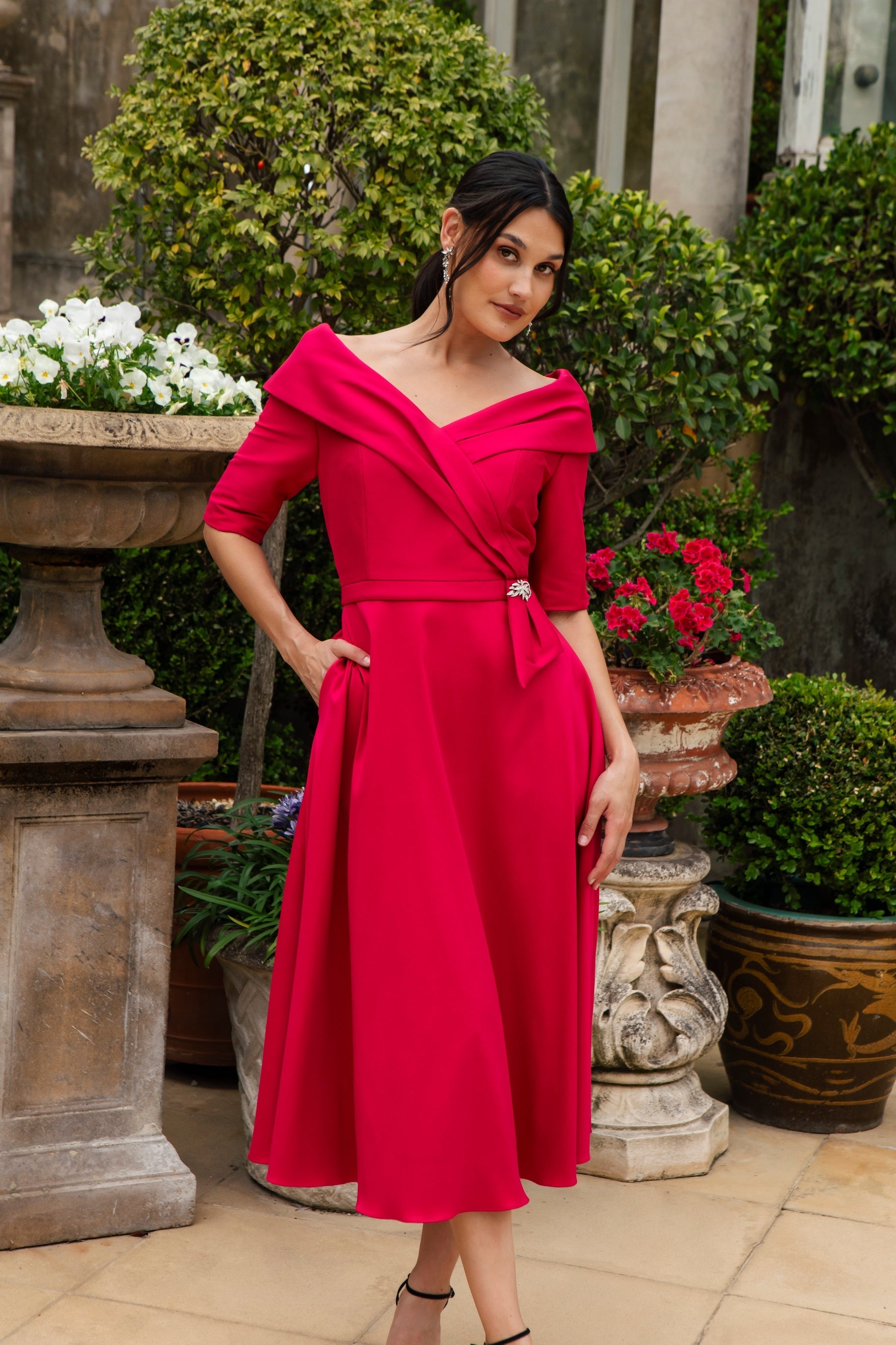 Ispirato Edge of the Shoulder Special Occasion Dress in Crimson Red