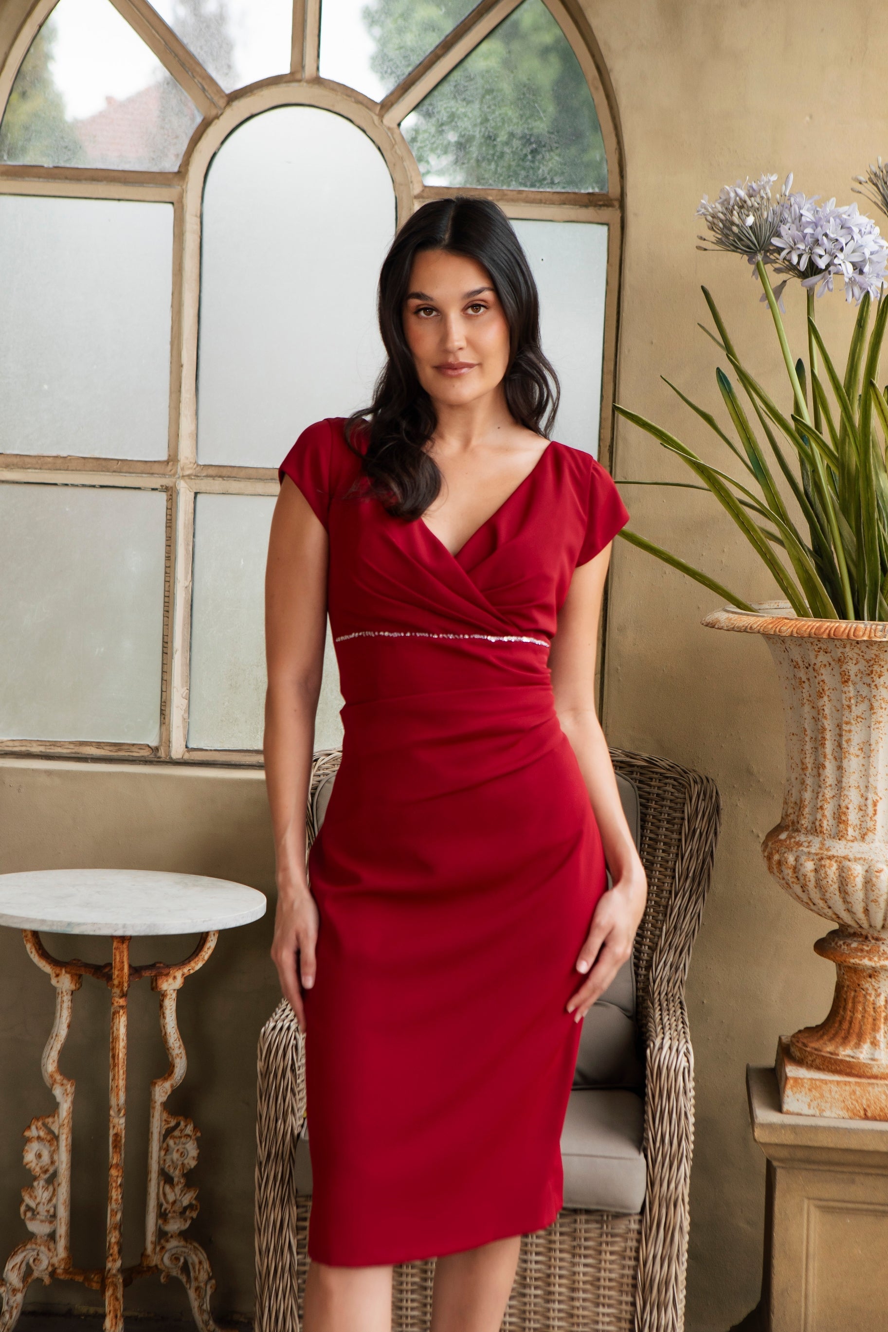 Ispirato Wrap Front Dress and Jacket in Smooth Pomegranate Red Crepe