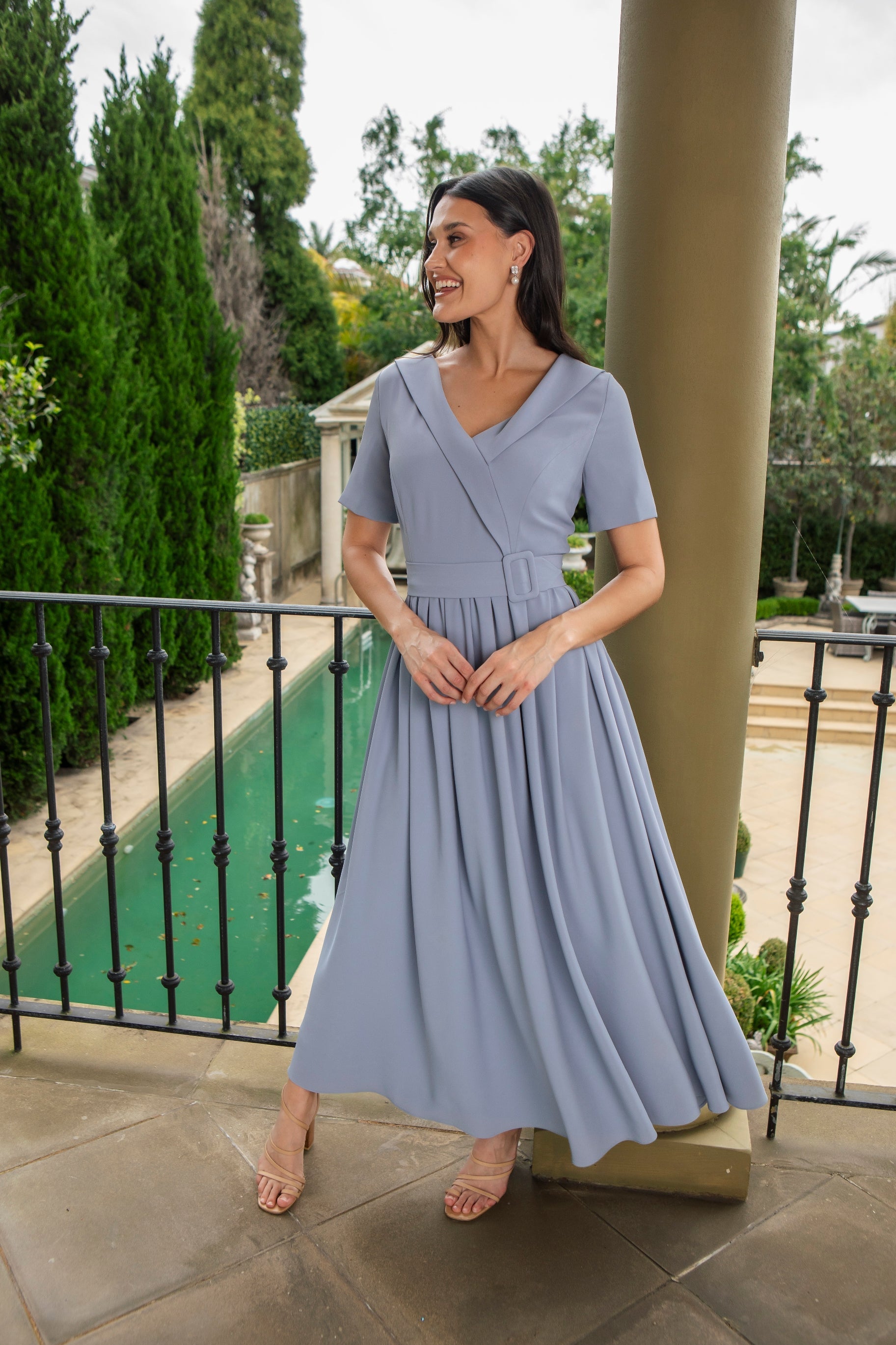 Waist Cinching Dress with Sleeves by Ispirato in Misty Blue