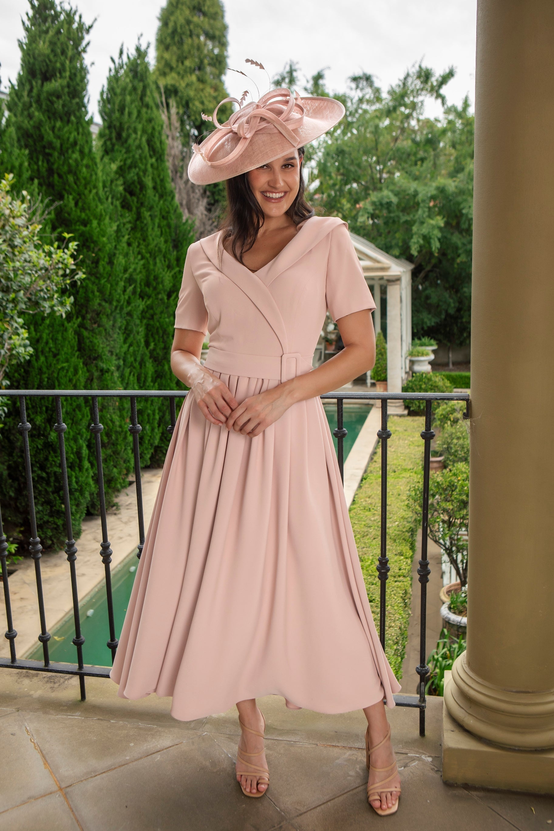 Waist Cinching Dress with Sleeves by Ispirato in Misty Rose Pink