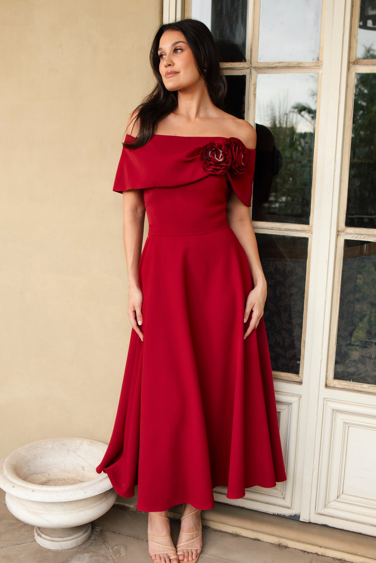 Ispirato ‘Bardot’ Style Dress in Smooth Pomegranate Red Crepe